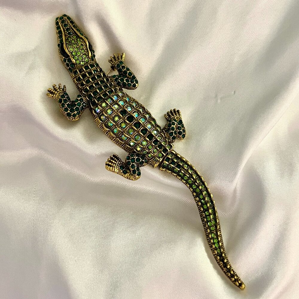 🧷Vintage XL Lizard Brooch with Moving Tail - Green Rhinestone and CZ